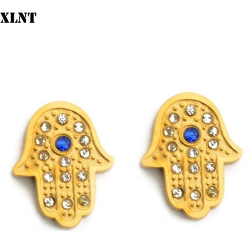 XLNT Cz Turkish Blue Eye Fatima Gold Color Stud Earrings for Women Boho Trend Exaggerate Ear Studs Stainless Steel Jewelry