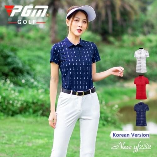 Pgm Womens Golf Wear Short Sleeve Ladies Golf Shirts Summer Anti-Uv Girl Sportswear Printed Polo Golf Clothing 3 Colors