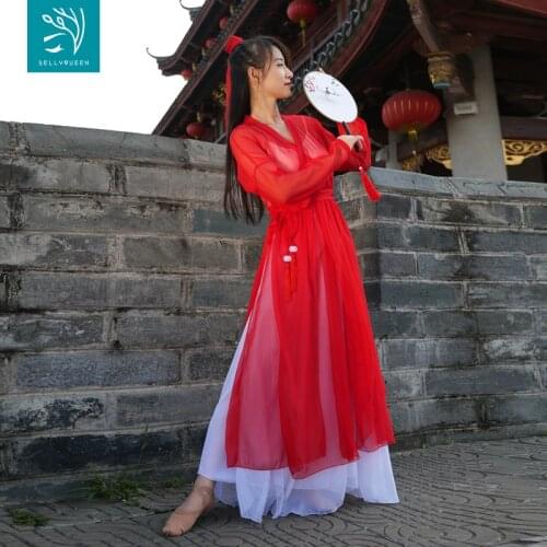 Red Chinese Ancient Dress Classic Dance Costume Women Clothing Robe Pant Headscarf Belt 4 Pcs
