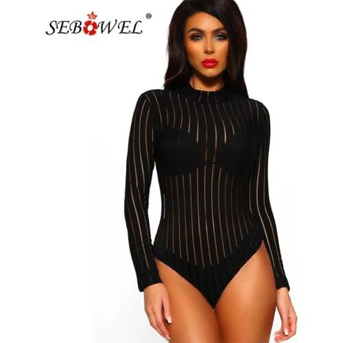 SEBOWEL High Neck Striped Sheer Black Sexy Bodysuit Women Turtleneck Long Sleeve Bodycon Bodysuits Female Club Jumpsuit Body Top