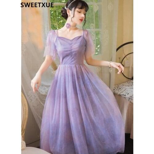 SWEETXUE Summer Women Maxi Long Romantic Dress Square Collar High Waist Mesh Party Elegant Purple Tulle Sequin Tie-dye Dress