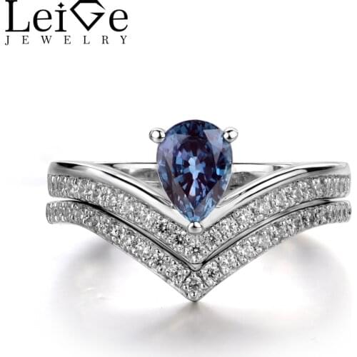 Leige Jewelry Pear Cut Alexandrite Ring Women Wedding Engagement Rings Set 925 Sterling Silver Jewelry Color Change Gemstone