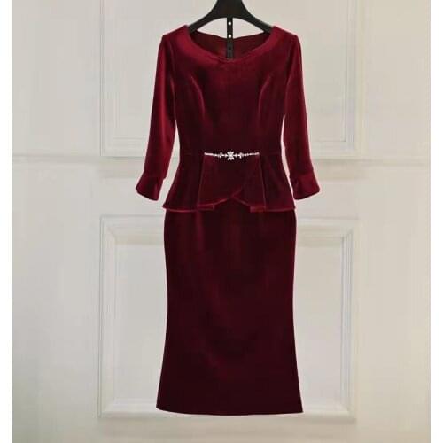 Top Quality Womens Dress 2021 Autumn Winter Party Female O-Neck Crystal Beading Deco 3/4 Sleeve Midi Bodycon Dress Red Blue XXL