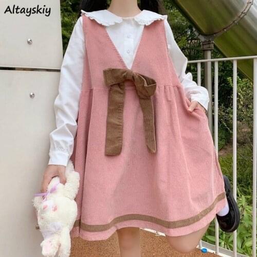 Dresses Women Panelled Stripe Sleeveless Bow Japanese Style Kawaii Trendy Lolita Corduroy College Female Chic Vestido Feminino