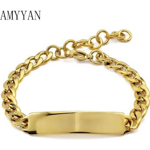 316L Stainless Steel Bracelet Chain Link Smooth Bar ID Bracelets for Men Women Wristband Gold/Silver Color