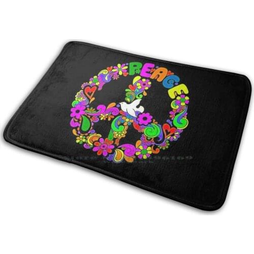 80s Style Blacklight Peace Sign Mat Rug Carpet Anti-Slip Bedroom Entrance Door Mat Peace Sign Blacklight 80s Style Retro