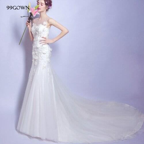 99GOWN Sexy Mermaid Wedding Dress 2019 Women Simple Wedding Gown Court Train Sleeveless Satin Handmade Flower Backless Gown