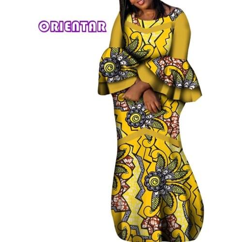 African Dresses for Women Bazin Riche African Print Robe Africaine Flare Sleeve Long Maxi Dress Women African Clothing WY7065