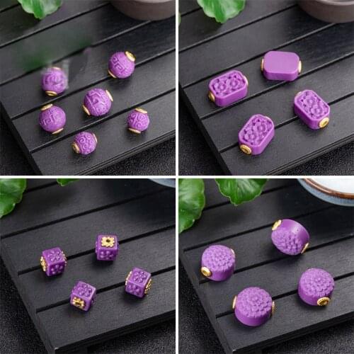 Natural Ore Purple Mica Bead DIY Accessories S925 Plated Gold Single Separated Bead for Bracelet Jewelry Carving Pattern Flowers