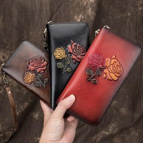 Wristlet Long Wallet Women Genuine Leather Large Capacity Embossing Flower Money Wallet Purse For Coin Clutch Women Phone Wallet