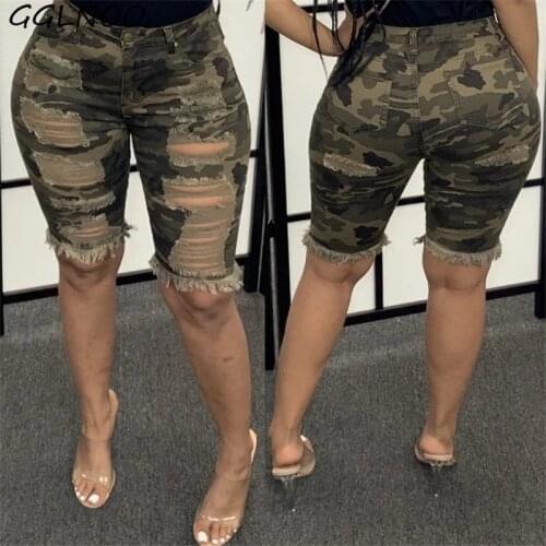 GGLNOO Plus Size Streetwear Ripped Skinny Camouflage Jeans Shorts Workout Running Shorts Holographic Biker Bermudas GG23274