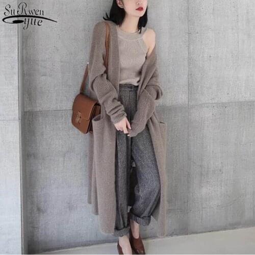 Autumn and Winter Korean Womens Cardigan Solid Color Long Sleeve Knitwear 2021 Medium-long Thickened Warm Sweater Coat 11853