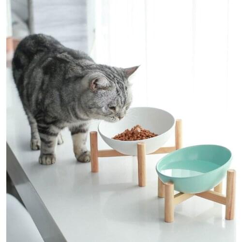 Ceramic Pet Bowl Cat Bowl With Wood Stand Protection Cervical Spine Pet Feeder Drinking Bowls for Cats Dogs Food Water Bowl