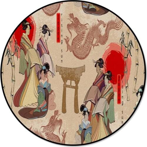Red Sun Japanese Woman Dragon Bamboo Pattern Rugs and Carpets for Home Living Room Round Rug for Children Rooms Non-slip