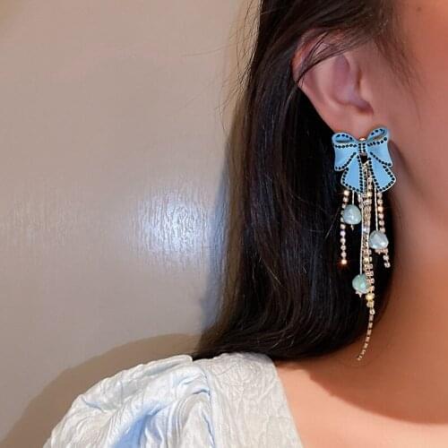 Sweet Summer Blue Bowknot Drop Earrings For Women Long Tassel Crystal Beads Earrings Party Jewelry Gifts
