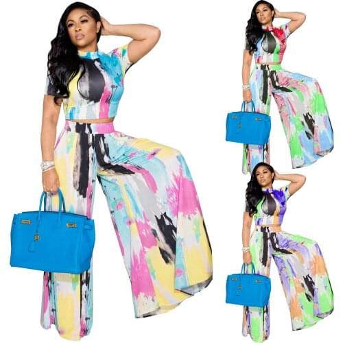 2021 Summer New Style Womens Tie-Dye Printing Sports Leisure Wide-Leg Pants Suit Two-Piece Suit