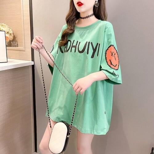 2021 summer new Korean version of large size womens loose short-sleeved t-shirt printing round neck half-sleeved top T-shirt