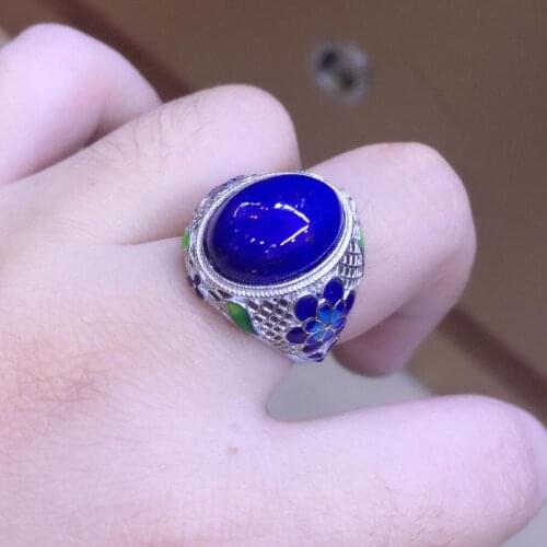 S925 silver ring female mosaic with natural lapis lazuli cloisonne filigree adjustable womens silver ring
