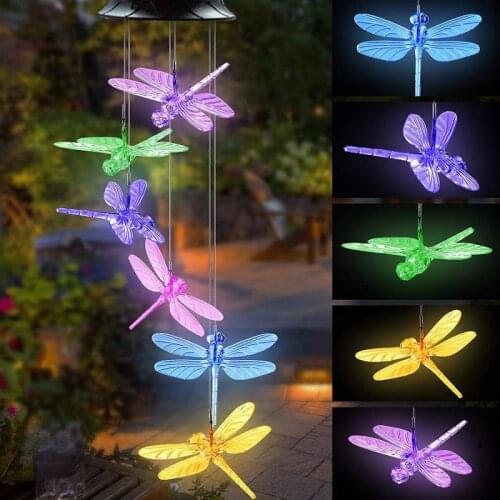 Dragonfly/Moon Star/Snowflake Wind Chime Lamp Solar LED Light Outdoor Waterproof 7 Colors Hanging Garden Festival Decor Lamp