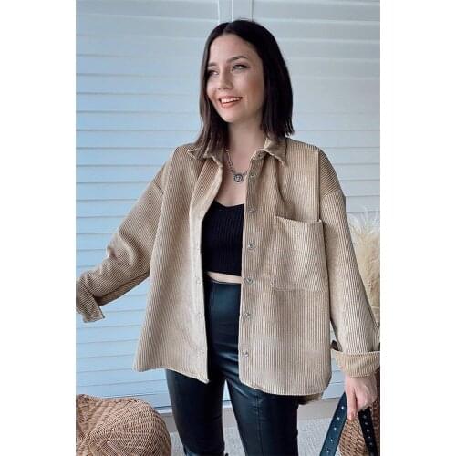 New Pop Women Corduroy Overshirt Jackets Long Sleeves Collared Casual Vogue Vintage Woman Coats Tops