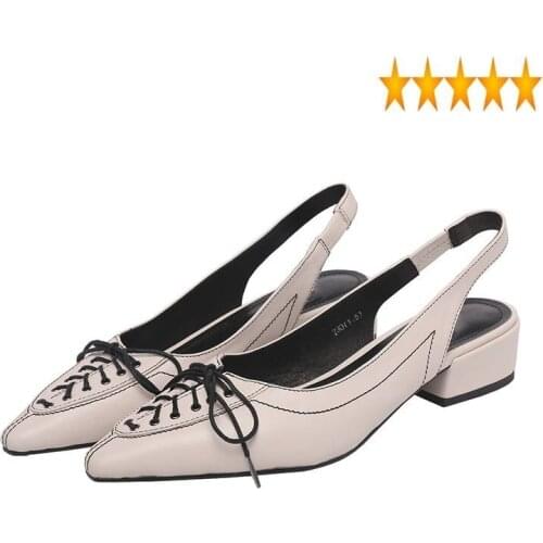 Shoes Leather 2021 Elegant Female Office Ladies Elastic Pointed Toe Slip-On Chunky Heel Sandal Designer Lace Up Summer Sandals