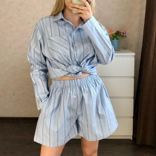 Striped Long Sleeve Shirts Womens Shorts Sets 2021 Autumn New Single Breasted High Waist Pants Set Female Casual Loose Suits