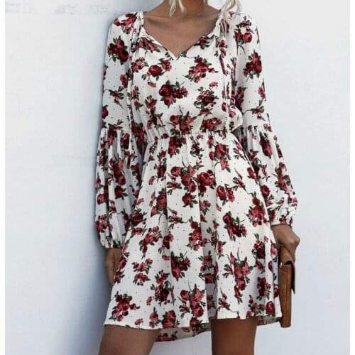 V-neck Tie Up Polka Dot Flowers Puff Lantern Sleeve Dress Spring Autumn A Line Slim Party Dress Women Vintage Vestidos Lining