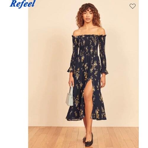 Women Vintage Floral Print Sexy Off Shoulder Dress Long Sleeve Sweet Ruffle Hem Slits A-line Midi Elegant Summer Dress