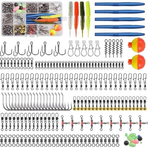 216Pcs/Box Fishing Accessories Tackle Kit Including Fishing Hooks Soft Worm Lures Swivel Snaps Float Bobber Spring Twist Lock
