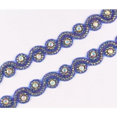 10Yard Newly Handmade Blue Wedding Crystal Rhinestone Applique Trim Yard Luxury Hot Fix Beaded Trimming For DIY Girl Decoration