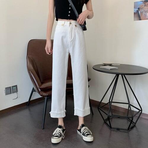 White Wide Legs Pants Womens 2021Summer Korean High Waist Denim Jeans Street Vintage Straight-Leg Pants Female Nine-Point Pants