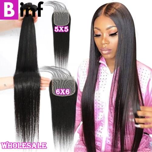 BINF Straight Bundles With Closure Peruvian Hair Bundles With 4x4 5x5 6x6 Closure Remy Hair Pre-Plucked With Baby Hair Color 1B