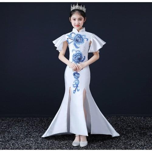 Blue White Mermaid Cheongsam Kids Embroidery Piano Guzheng Girl Tailing Chinese Dress Qipao Long Oriental Style Dresses Evening