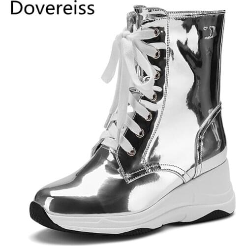 Dovereiss Fashion Spring Womens Shoes Cross tied Internal Height Pure color Wedges Silver Cowhide Consice Gym shoes 34-40