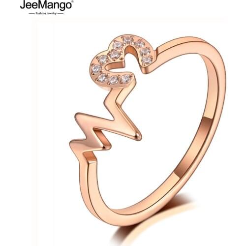 JeeMango Original Design Titanium Steel Rhinestone Geometry Heart Rings Rose Gold CZ Crystal Wedding Ring For Women JR20040