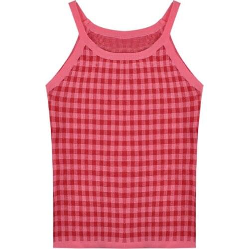 Korean Camisoles Women 2021 Sweet Fashion Knitted Blouses Casual Sleeveless Straps Female Shirts Chic Top Plaid lovely