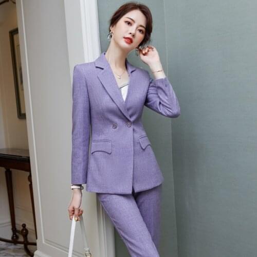 IZICFLY Autumn Winter New Style Purple Woman Suits With Pant Office Uniform Ladies Elegant Business Blazer Set and Trouser 2PCS