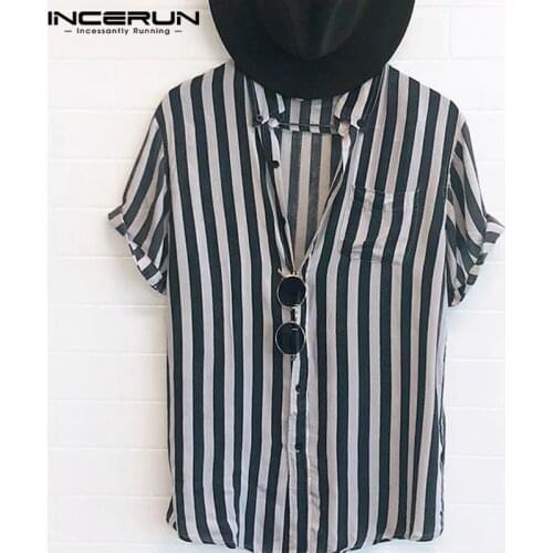 INCERUN Fashion Striped Men Shirt Lapel Neck Button Streetwear Casual Brand Shirts Men Hip-hop Short Sleeve Tops Camisa 2021 5XL