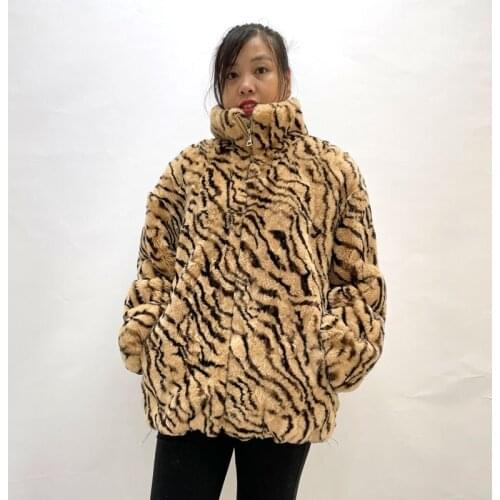 Real Rex Rabbit Fur Jacket Womens Short Stand Collar Drop Shoulder Sleeve Thicken Winter Warm Zebra Printed Loose Jacket
