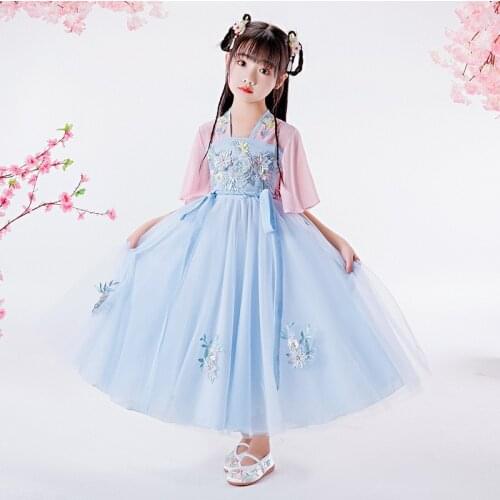 2020 Autumn New Chinese Style Hanfu Girls Embroidered Mesh Princess Dress Teenagers Tang Suit Little Girls Flower Child Dresses