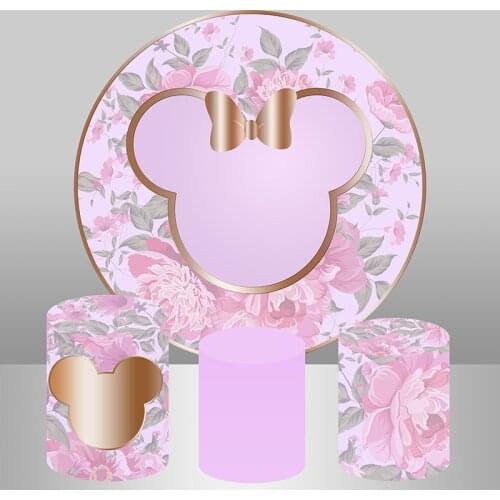 Sensfun Pink Flower Round Background Circle Photo Backdrop Mouse Head Birthday Party Decoration Table Cylinder Cover