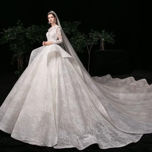 Custom Made Wedding Dresses Ball Gown Long Sleeve Big Train Lace Appliques Elegant Luxury Wedding Gowns 2020 New Design S12