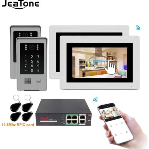 Jeatone 1.0MP HD WiFi IP Video Door Phone Video Intercom 7'' Touch Screen App Remote Unlock Code Keypad RFIC Card Access Control