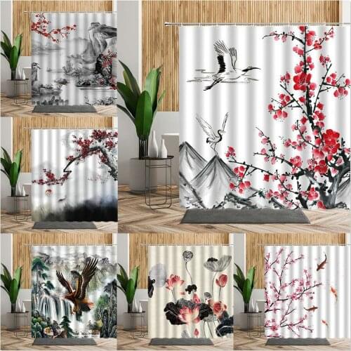 Chinese Landscape Ink Painting Shower Curtains For Bathroom Plum Blossom Lotus Birds Fish Floral Printed Bath Curtain Home Decor