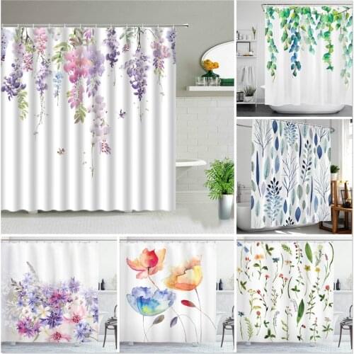 White Fabric Farmhouse Flower Shower Curtains Green Tropical Leaf Bird Rose Floral Plant Scenery Bathroom Curtain Set With Hooks