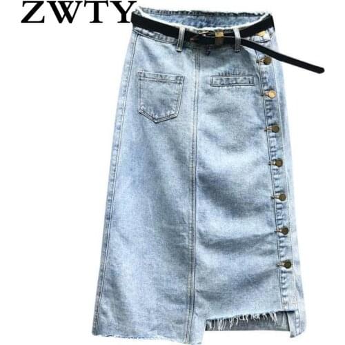 ZWTY Plus Size High waist Denim Skirt Women Single Breasted Pocket Loose Midi Long Skirt Female Casual A-Line Jeans Skirts Belt