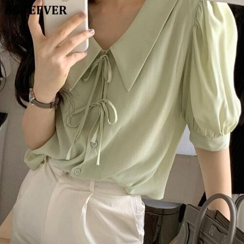 BGTEEVER Summer Turn-down Collar Women Lace-up Shirts Short Sleeve Single-breasted Loose Female Blouses Elegant Ladies Blusas