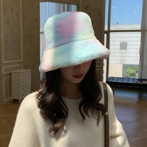 Women Hat Winter Warm Tie-dye Bucket Caps Plush Fisherman Hat