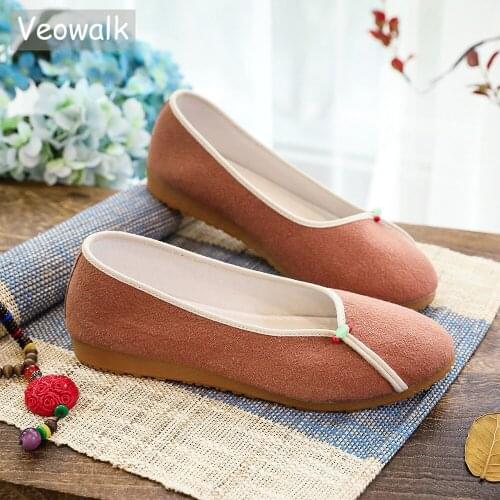Veowalk Women Plain Cotton Fabric Slip On Ballet Flats Elegant Ladies Comfortable Casual Walking Working Shoes Brown Beige