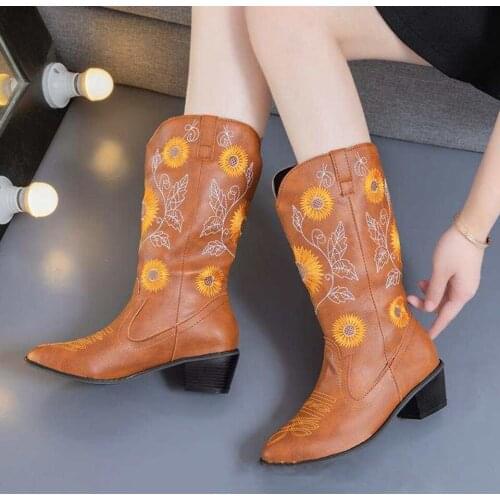 Women Mid Calf Winter Boots 2020 PU Leather Flower Embroidery Platform Chunky Heels Retro Cowgirl Knee High Boots Ladies Shoes